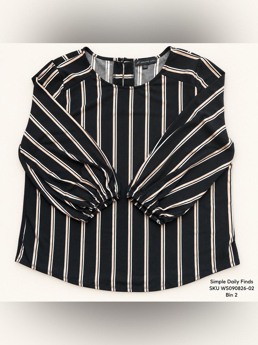 Adrianna Papell Striped Balloon Sleeve Blouse Black Tan Large